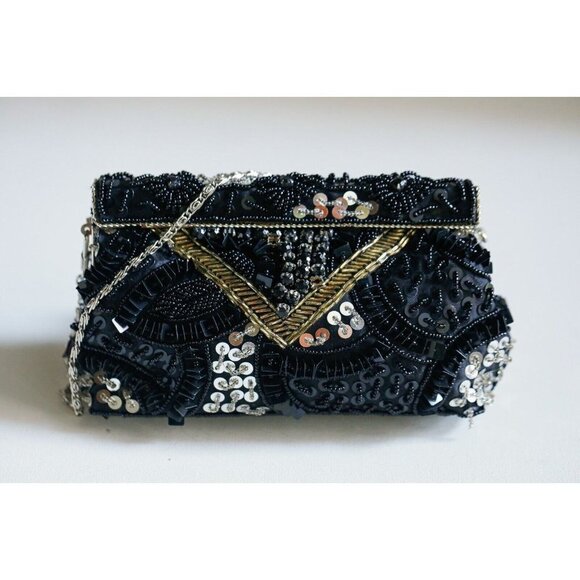 Vintage Black Beaded Sequin Latch Closure Little Evening Purse - Picture 1 of 8
